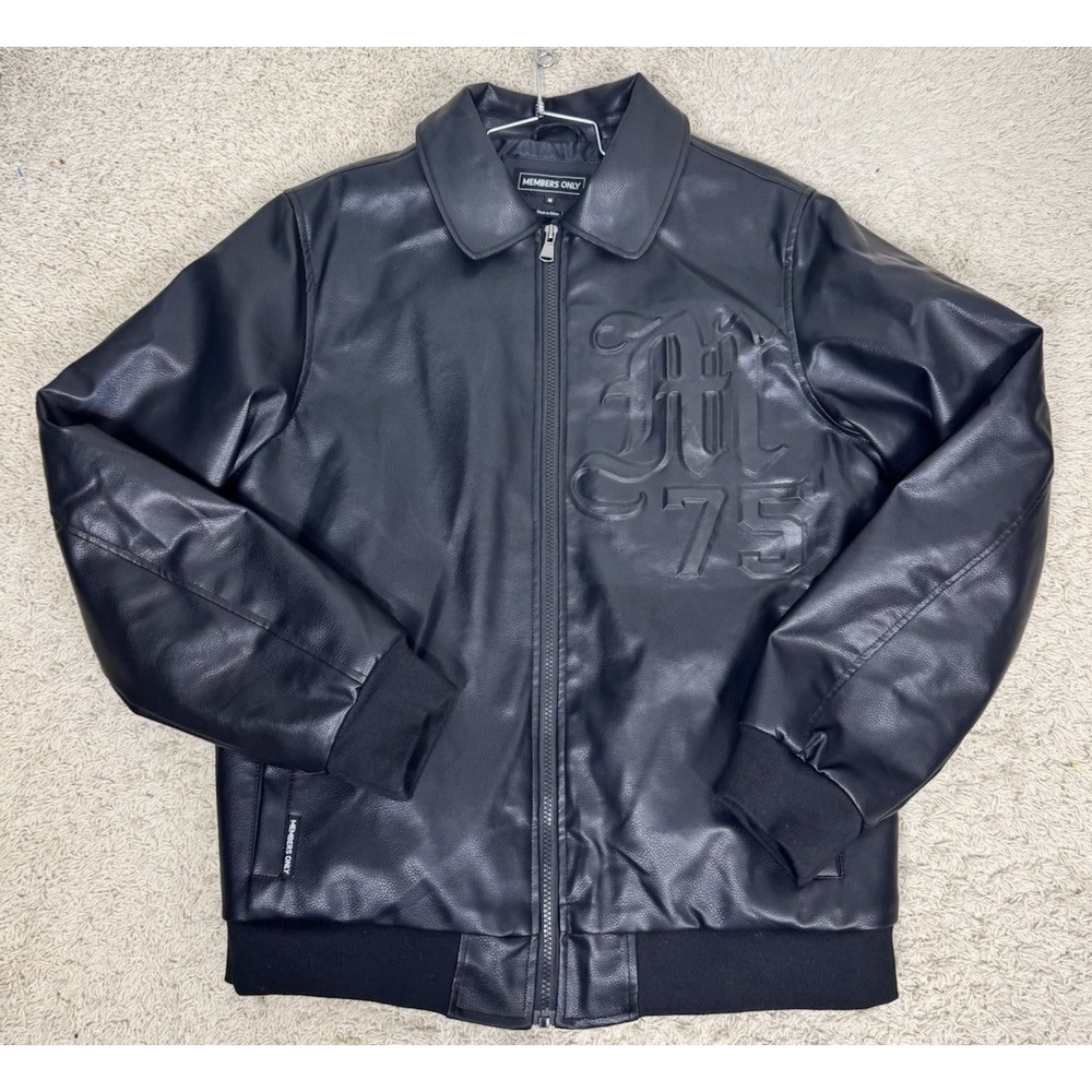 Members Only Mens Black Faux Leather Embossed Varsity Jacket Size M Lined Sporty - Picture 7 of 13